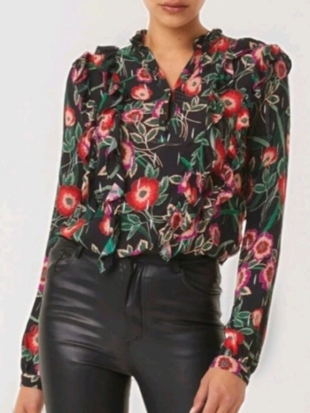 MISA Los Angeles Astrid Blouse | Floral Ruffle Tie-Neck Top | Medium